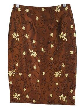 Etcetera Womens Floral Silk Skirt Brown Size 2 Lined Zip Embroider Straight Y2K